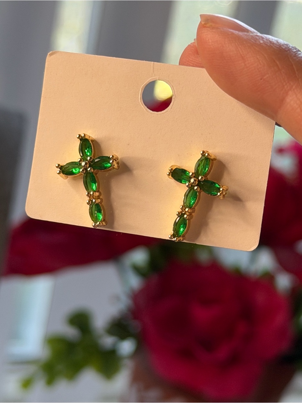 Gold-Tone Cross Stud Earrings with Emerald Green Stones